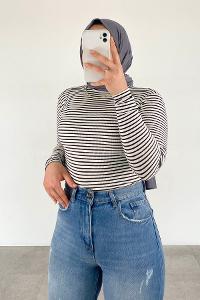 Lamelif Balıkçı Yaka Kaşkorse Çizgili Body Beyaz