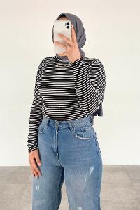 Lamelif Balıkçı Yaka Kaşkorse Çizgili Body Siyah