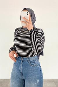 Lamelif Balıkçı Yaka Kaşkorse Çizgili Body Siyah