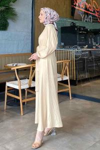 Beige Crew Neck Cotton Fabric Unprinted Dresess