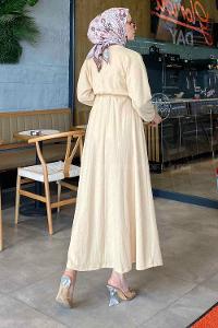 Beige Crew Neck Cotton Fabric Unprinted Dresess