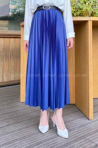Lamelif Beli Elastik Detaylı Pliseli Etek İndigo