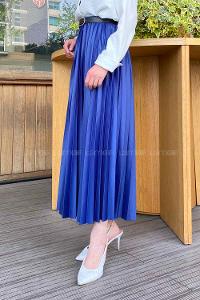 Lamelif Beli Elastik Detaylı Pliseli Etek İndigo