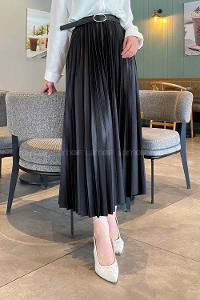 Black Satin Fabric Unprinted Pleated Skirt