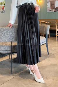 Black Satin Fabric Unprinted Pleated Skirt