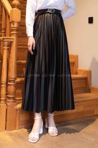 Black Cotton Unprinted Pleated Skirt
