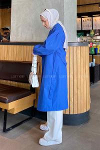 Lamelif Balon Kol Kuşaklı Trençkot Saks Mavisi