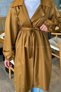 Tan Balloon Sleeve Arm Belted Lycra Trench Coat