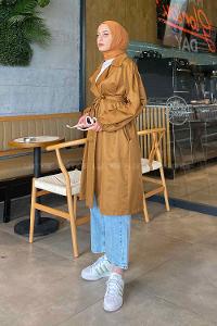 Tan Balloon Sleeve Arm Belted Lycra Trench Coat