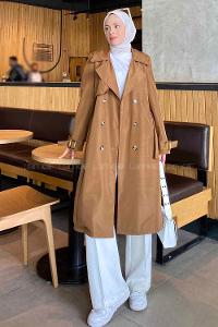 Tan Long Arm Belted Cotton Trench Coat