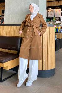 Tan Long Arm Belted Cotton Trench Coat
