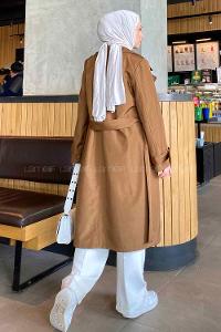 Tan Long Arm Belted Cotton Trench Coat