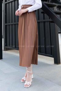 Tan Cotton Unprinted Pleated Skirt