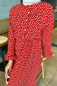 Modalamelif Bel Büzgülü Kalp Desen Elbise Kırmızı