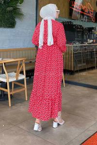 Modalamelif Bel Büzgülü Kalp Desen Elbise Kırmızı