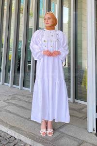 White Crew Neck Cotton Printed Dresess