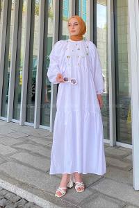 White Crew Neck Cotton Printed Dresess