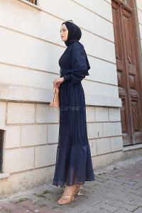 Lamelif Sofia Premium  Pliseli Elbise Lacivert