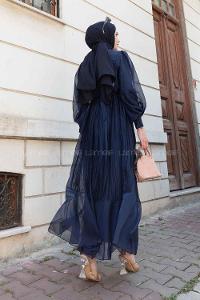 Lamelif Sofia Premium  Pliseli Elbise Lacivert