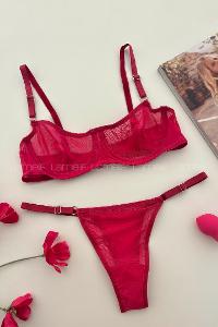 Lamelif Balenli Destekli Tül Fuşya Takım