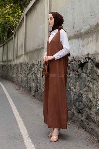 Bitter Brown V Neck Scoop Neck Viscose Fabric Elastan Unprinted Dresess