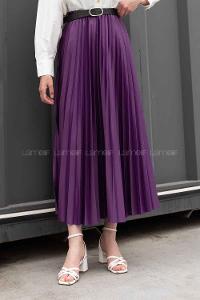Lamelif Beli Elastik Detaylı Pliseli Etek Mor