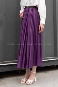 Lamelif Beli Elastik Detaylı Pliseli Etek Mor