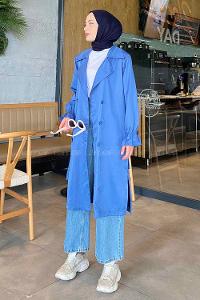 Lamelif Kol Lastikli Belden Bağlamalı Trenç Mavi