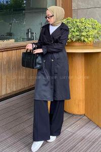 Black Long Arm Belted Cotton Trench Coat