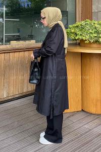 Black Long Arm Belted Cotton Trench Coat
