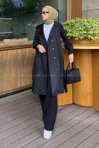 Black Long Arm Belted Cotton Trench Coat