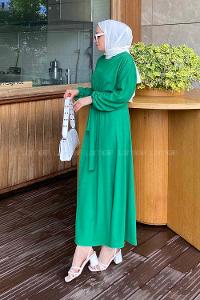 Dark Green Crew Neck Cotton Fabric Unprinted Dresess