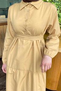 Brown With Milk Medium Crew Neck Cotton Fabric Unprinted Dresess