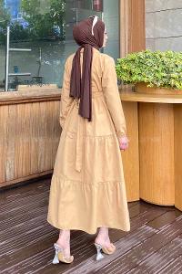 Brown With Milk Medium Crew Neck Cotton Fabric Unprinted Dresess