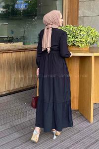 Lamelif Yarım Düğme Detaylı Terikoton Elbise Siyah