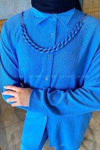 Blue Shirt Collar Long Arm With Necklace Linen Flared Trousers Linen Suit