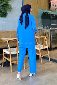 Blue Shirt Collar Long Arm With Necklace Linen Flared Trousers Linen Suit