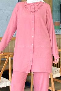 Pink Shirt Collar Long Arm With Necklace Linen Flared Trousers Linen Suit