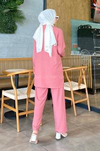 Pink Shirt Collar Long Arm With Necklace Linen Flared Trousers Linen Suit