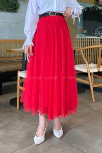 Lamelif Düz Renk Tül Etek  Kırmızı