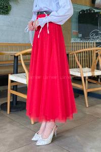 Lamelif Düz Renk Tül Etek  Kırmızı