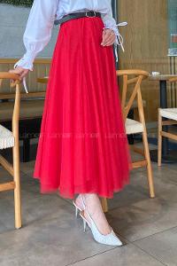 Lamelif Düz Renk Tül Etek  Kırmızı