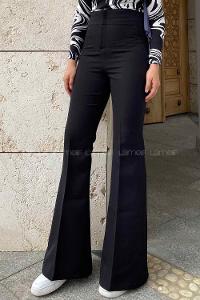 Lamelif Yüksek Bel İspanyol Paça Gizli Cep Pantolon Siyah