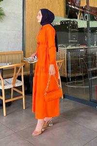 Orange Medium Crew Neck Cotton Fabric Unprinted Dresess