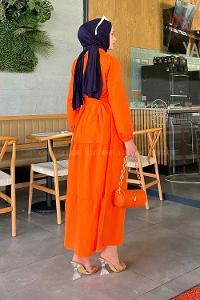 Orange Medium Crew Neck Cotton Fabric Unprinted Dresess