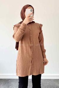Brown With Milk Shirt Collar Long Arm Cotton Unprinted Shirt