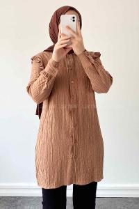 Brown With Milk Shirt Collar Long Arm Cotton Unprinted Shirt