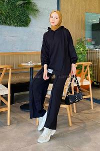Black Medium Crew Neck Long Arm Without Accessories Cotton Flared Trousers Comfortable Suit