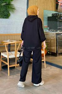 Black Medium Crew Neck Long Arm Without Accessories Cotton Flared Trousers Comfortable Suit