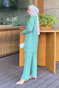 Lamelif Kolyeli Bürümcük Tesettür Takım Çağla Yeşili